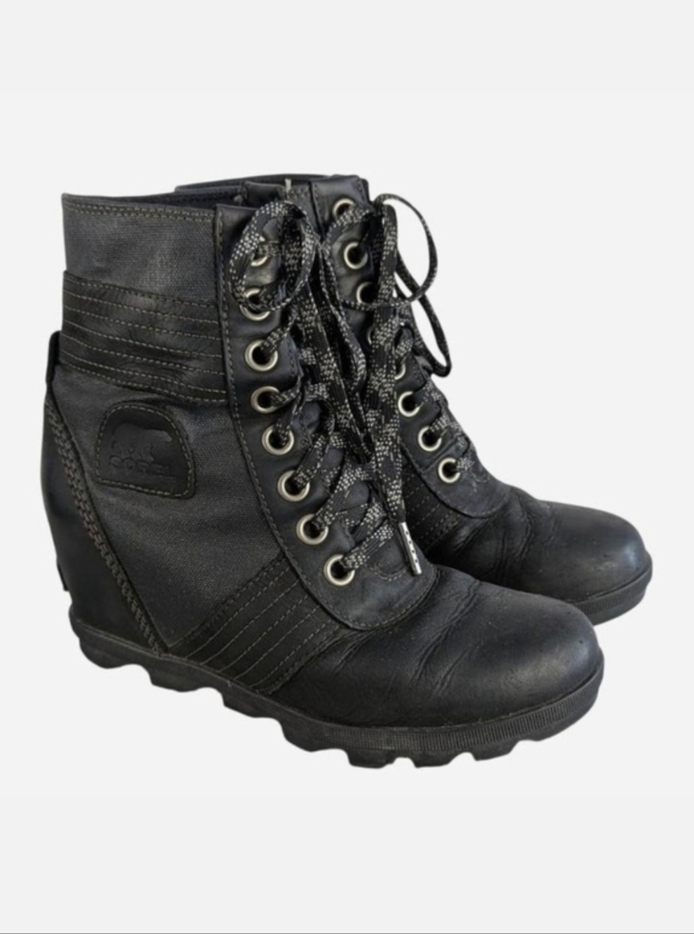 Sorel Lexie Wedge Lace Up Black Leather Canvas Ankle Boot Size 8.5